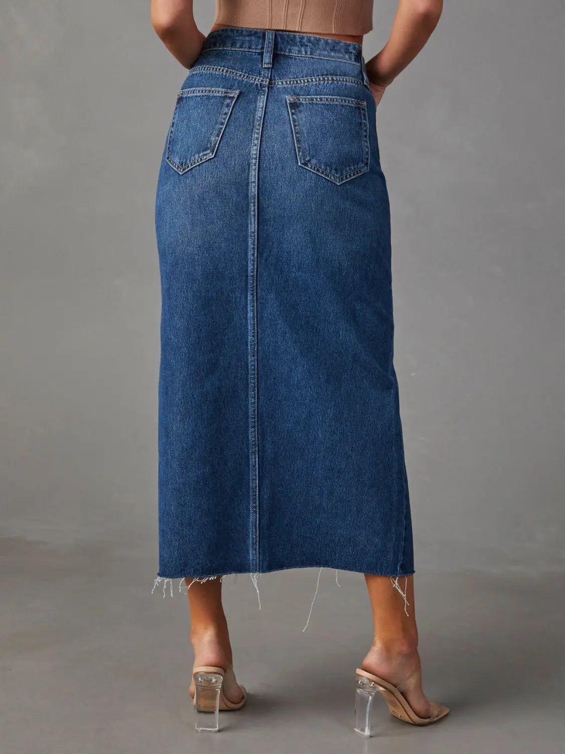 Slit Raw Hem Midi Denim Skirt - ThingsWeUseAndLove 
