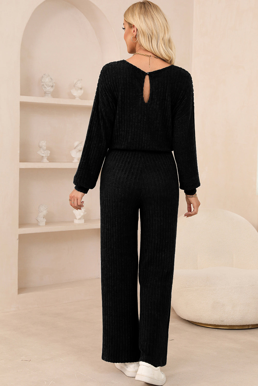 Ribbed Knit Keyhole Back High Waist Jumpsuit - ThingsWeUseAndLove 