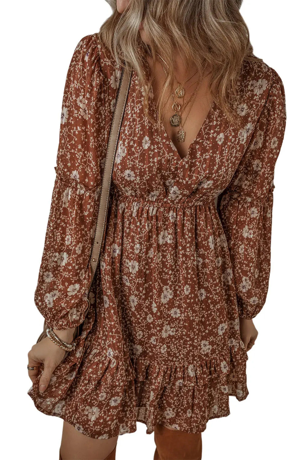 Brown Boho Floral Ruffle Puff Sleeve V Neck Mini Dress - ThingsWeUseAndLove 