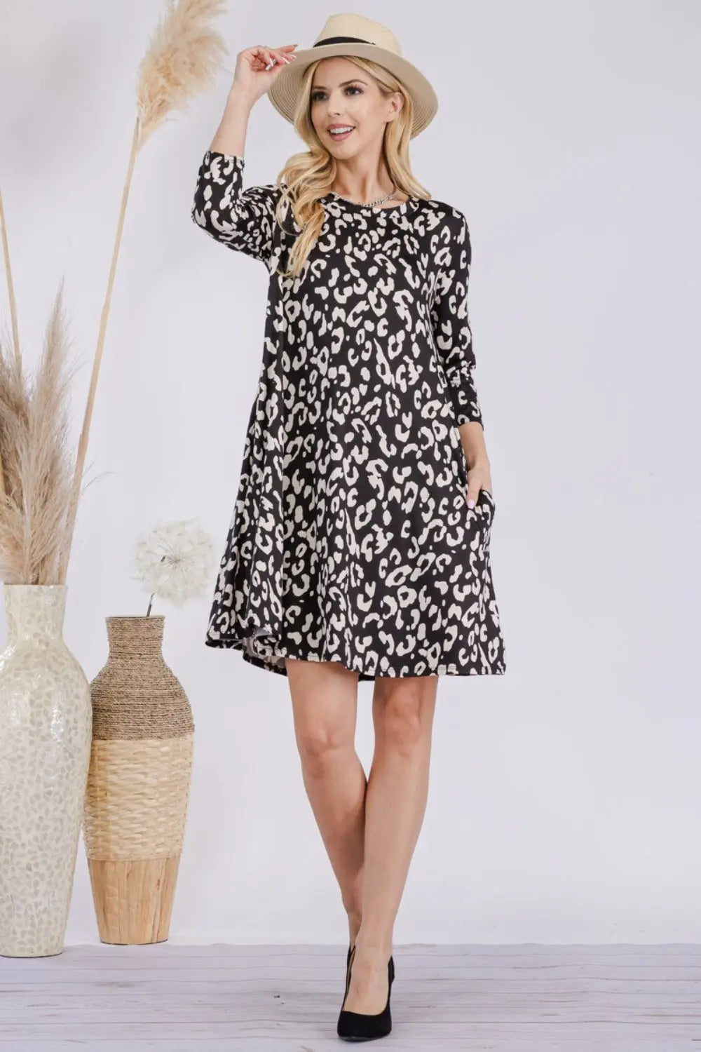 Size Inclusive Leopard Three-Quarter Sleeve Dress with Pockets - ThingsWeUseAndLove 
