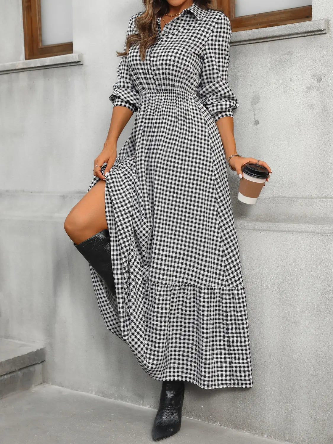 Ruffle Hem Plaid Long Sleeve Dress - ThingsWeUseAndLove 