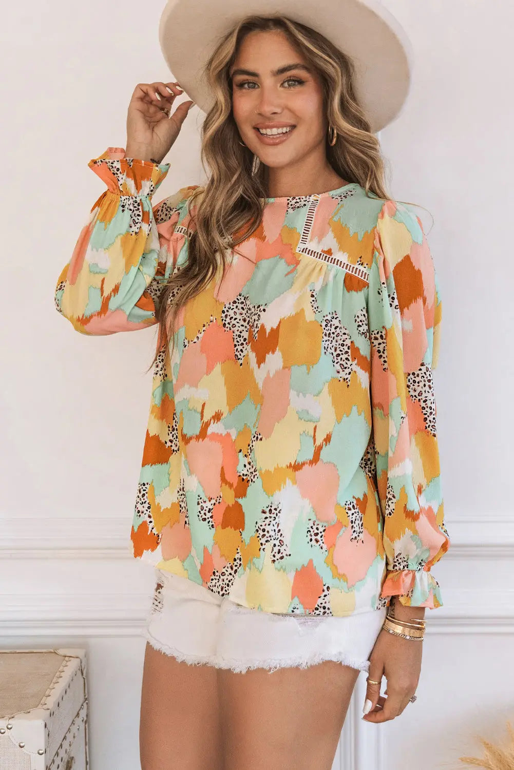 Boho Frill Multicolor Abstract Print Long Sleeve Blouse - ThingsWeUseAndLove 