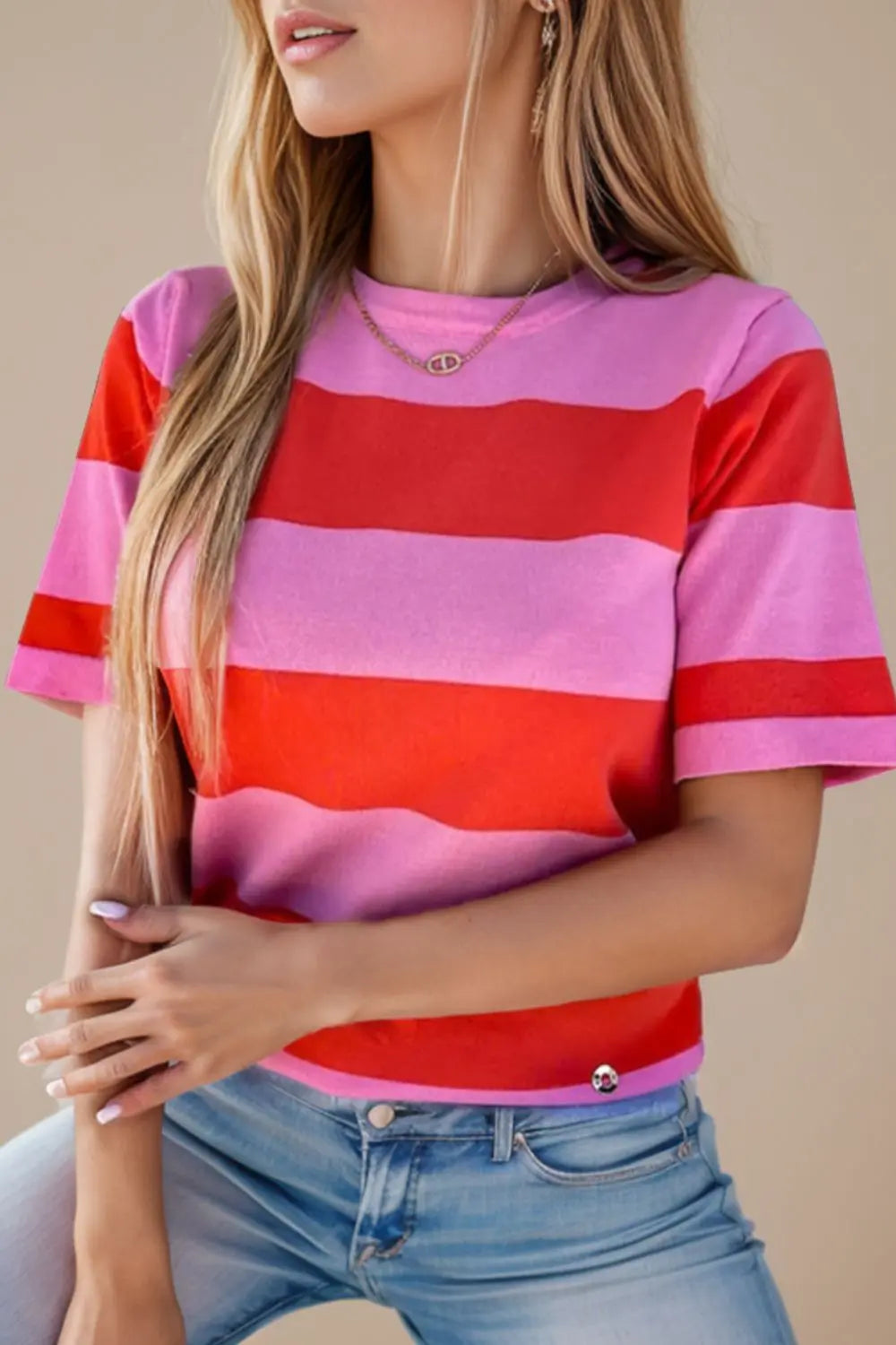 ViVi Color Block Round Neck Short Sleeve T-Shirt - ThingsWeUseAndLove 