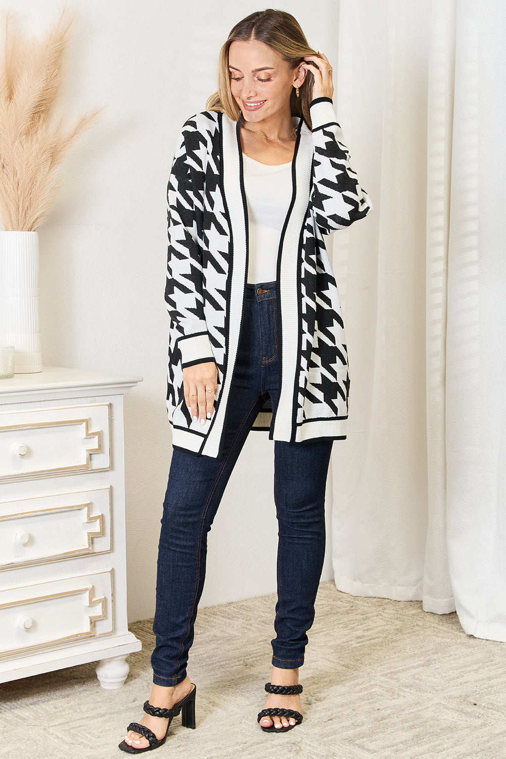 Houndstooth Open Front Longline Cardigan - ThingsWeUseAndLove