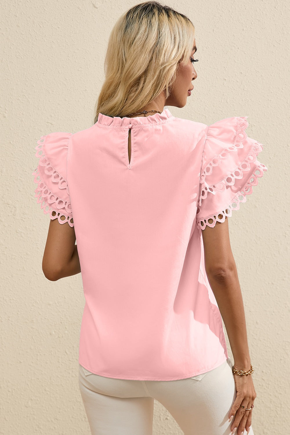 Ruffled Eyelet Round Neck Cap Sleeve Blouse - ThingsWeUseAndLove 