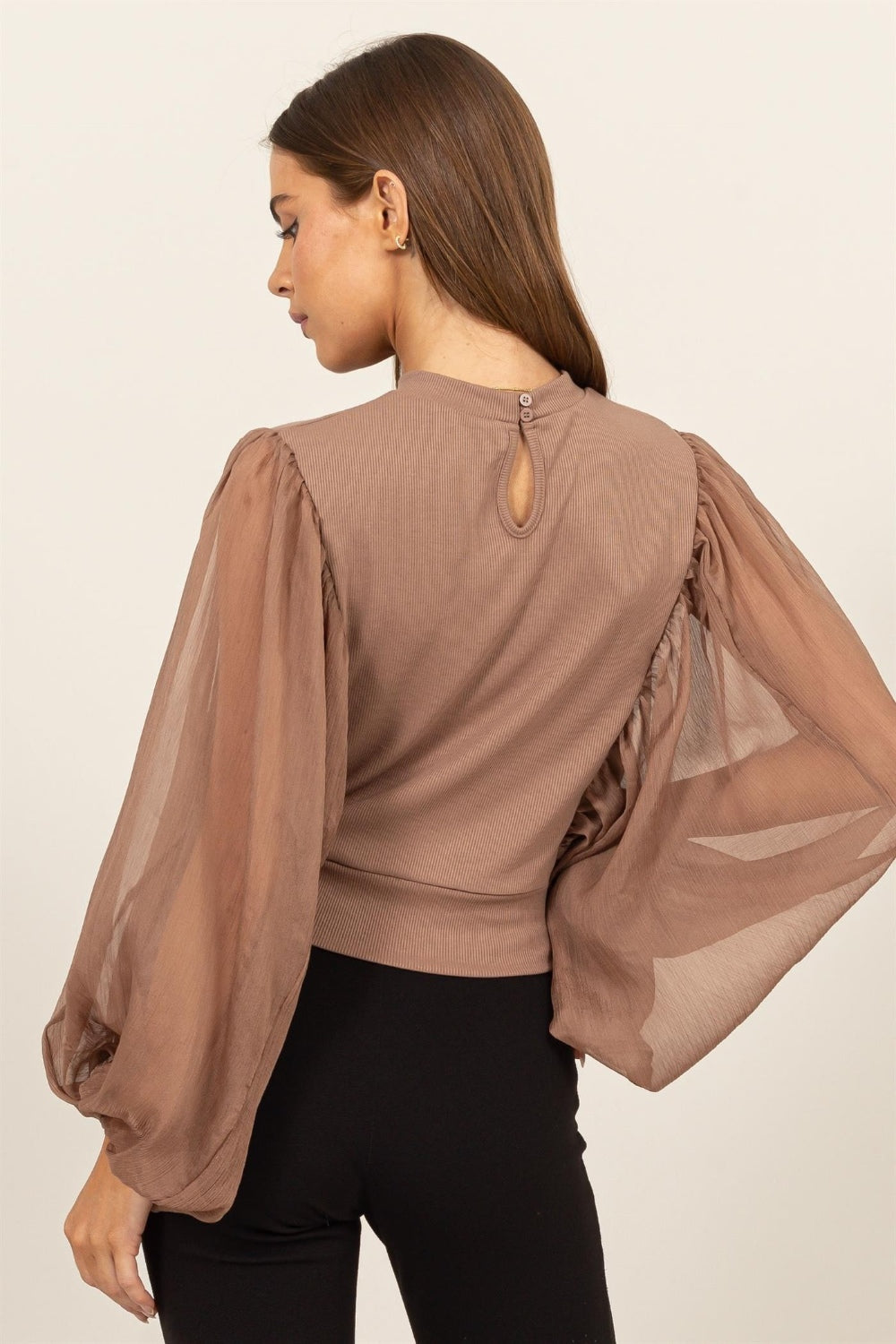 Ruched Sheer Long Sleeve Mock Neck Blouse - ThingsWeUseAndLove 