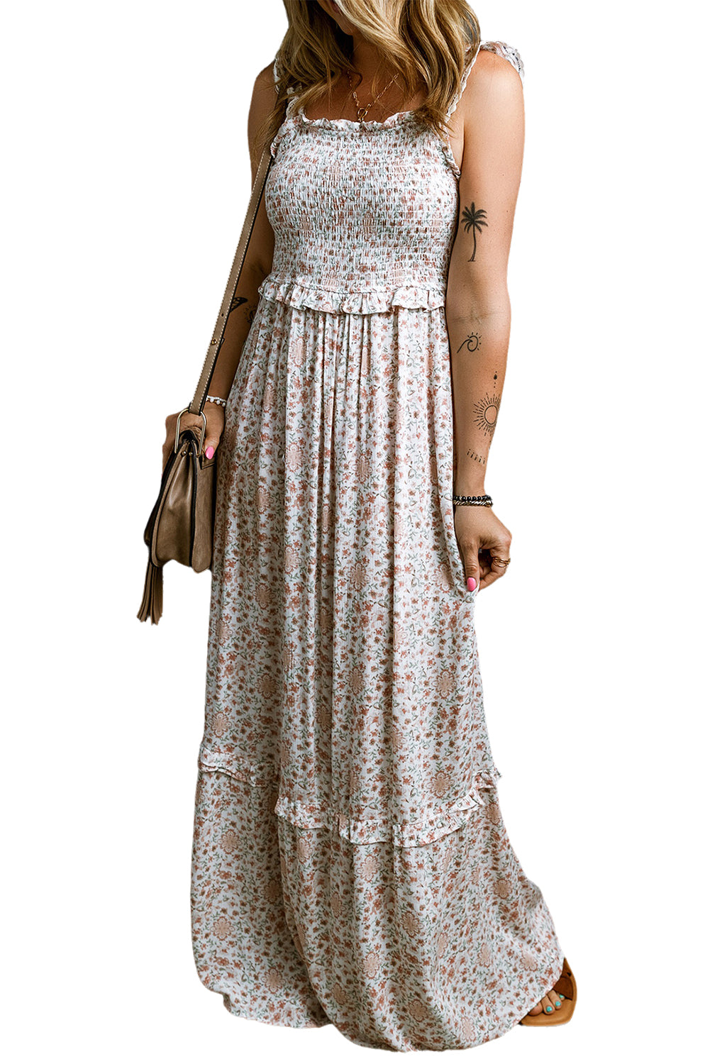 White Floral Print Lace Frilly Straps Shirred Maxi Dress - ThingsWeUseAndLove 