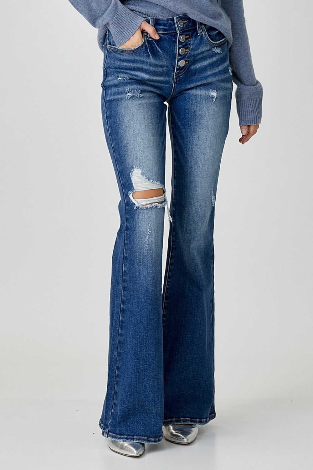 Distressed Button-Fly Flare Jeans - ThingsWeUseAndLove 