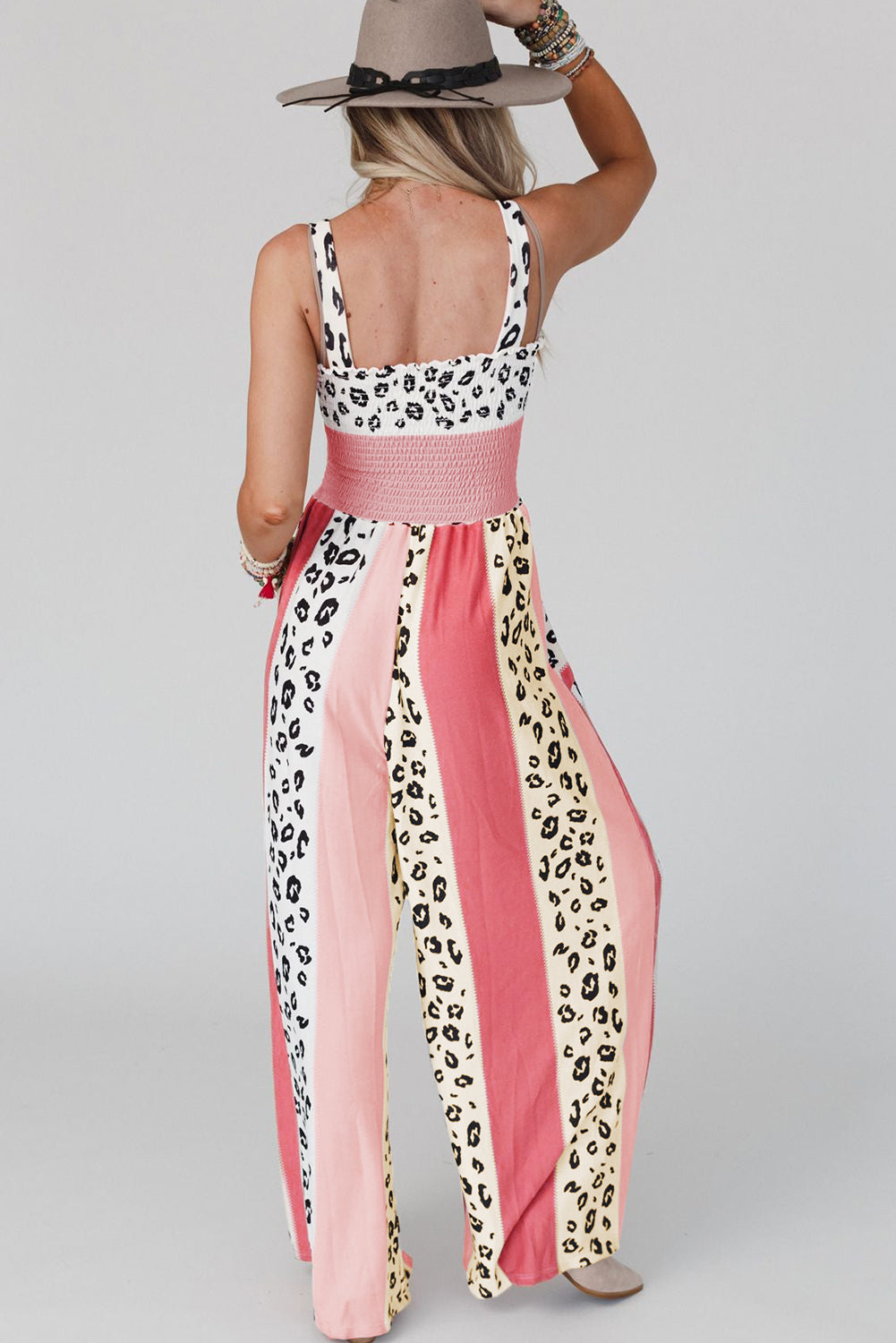 Pink Leopard Color Block Patchwork Strap Jumpsuit - ThingsWeUseAndLove 