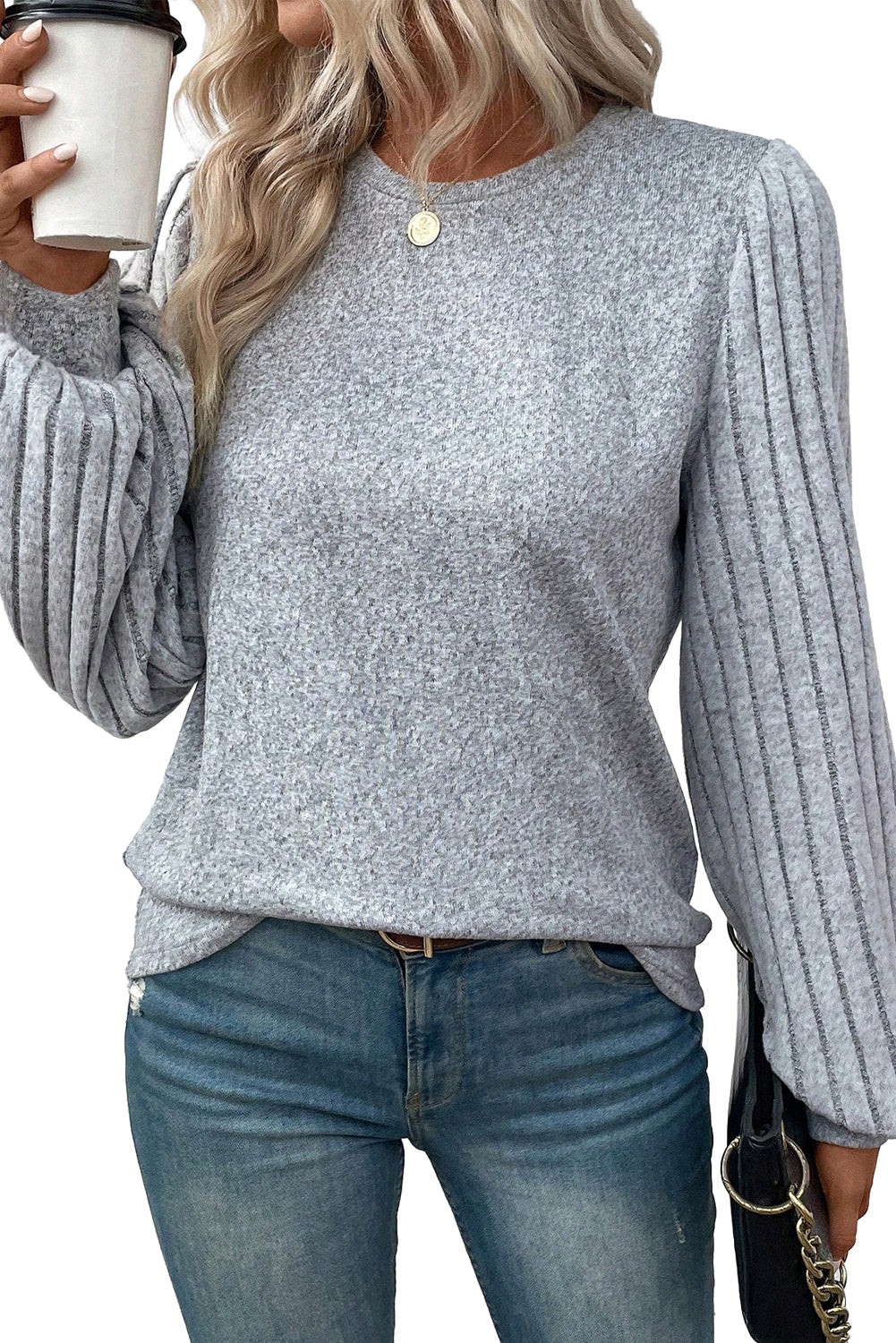 Gray Solid Color Contrast Ribbed Bishop Sleeve Top - ThingsWeUseAndLove 