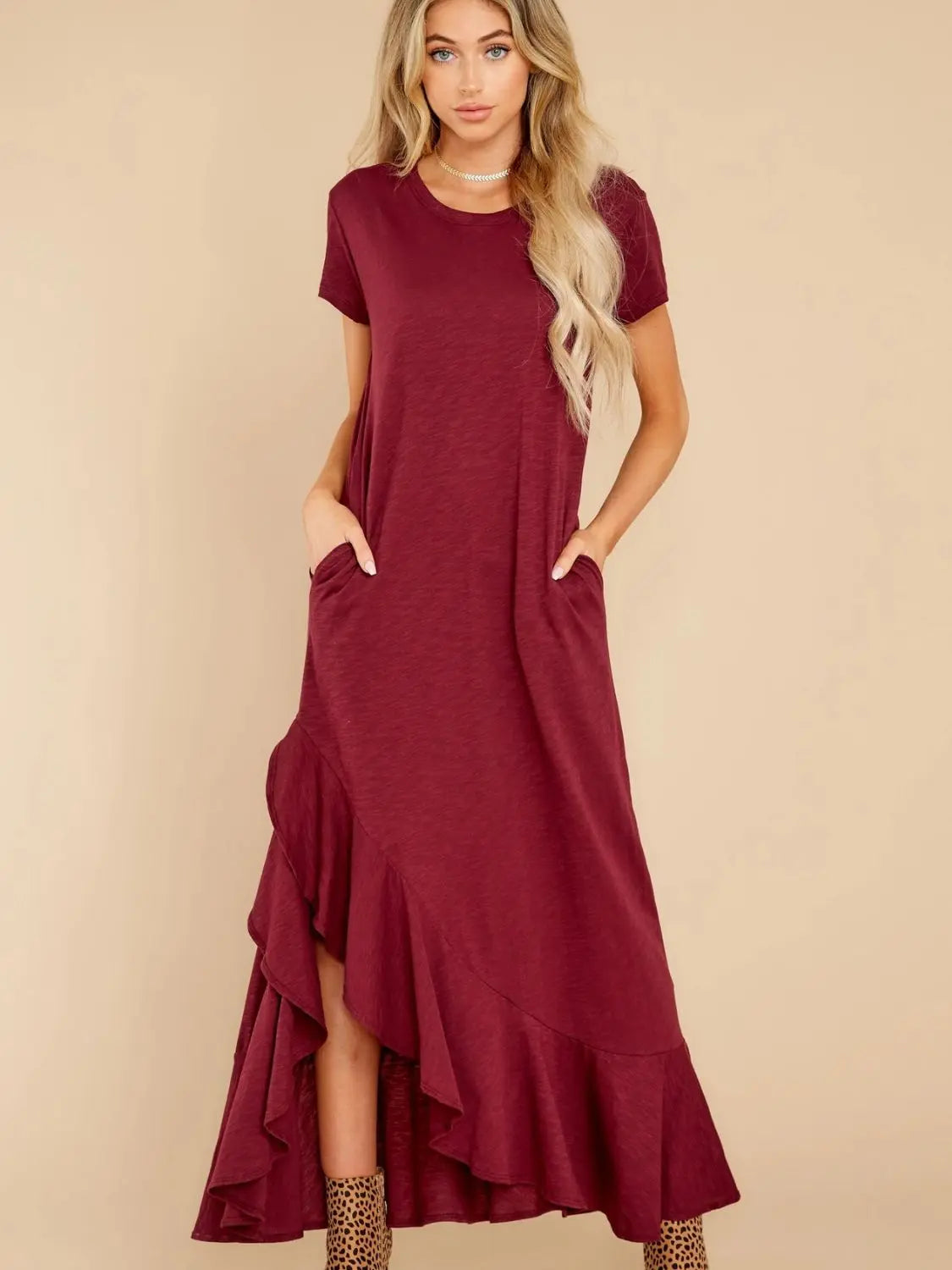 Short Sleeve Slit Round Neck Maxi Dress - ThingsWeUseAndLove 
