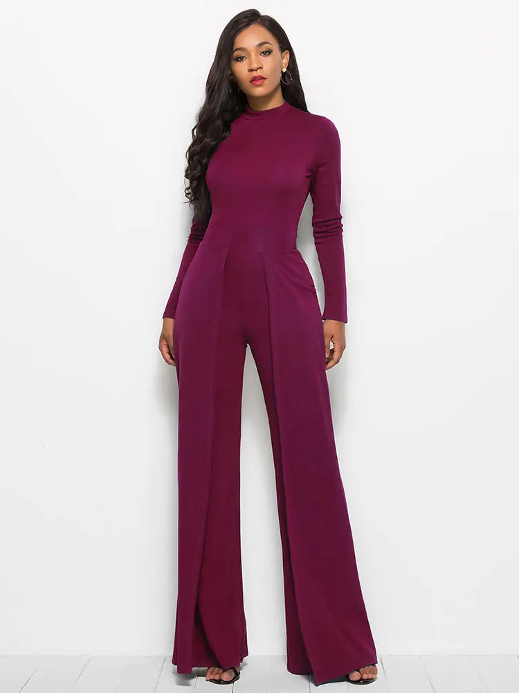 Amanda Long Sleeve Mock Neck Wide Leg Jumpsuit - ThingsWeUseAndLove Wine-XL