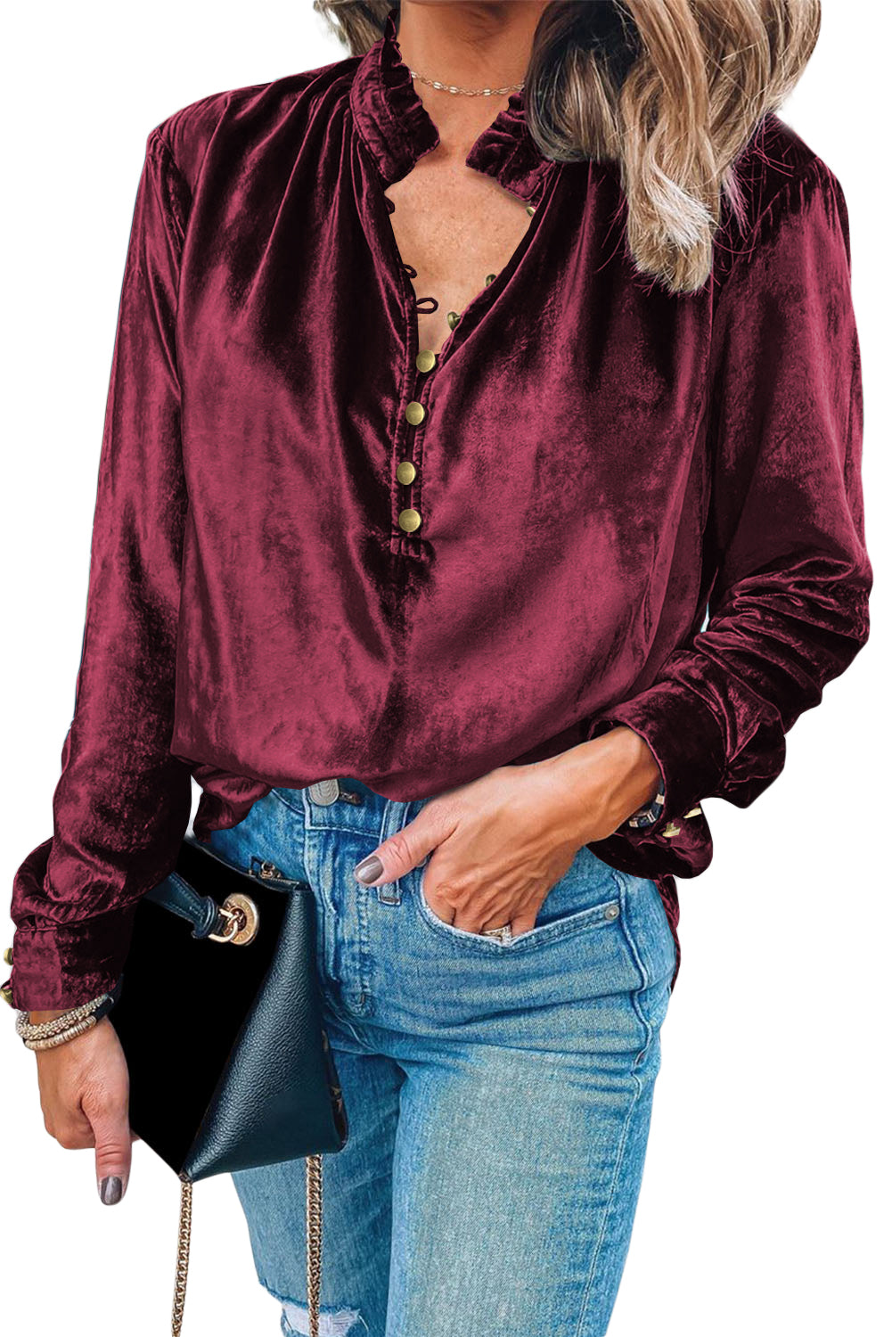 Frilled Neck Buttoned Front Velvet Top - ThingsWeUseAndLove 