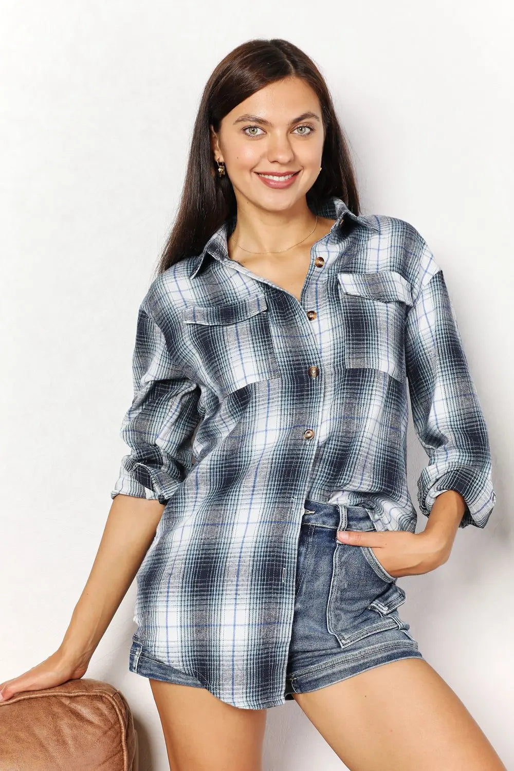 Mae Plaid Dropped Shoulder Shirt - ThingsWeUseAndLove Sky-Blue-2XL