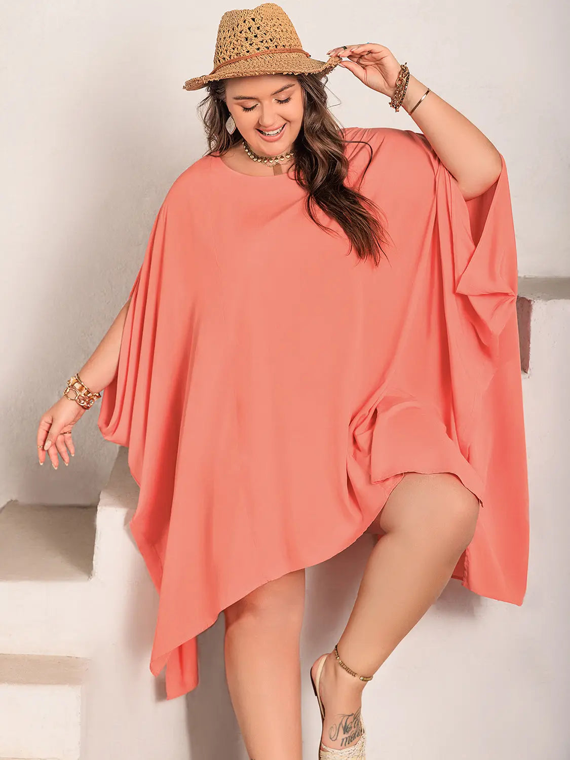 Fallon Size Inclusive Round Neck Batwing Sleeve Mini Dress - ThingsWeUseAndLove 