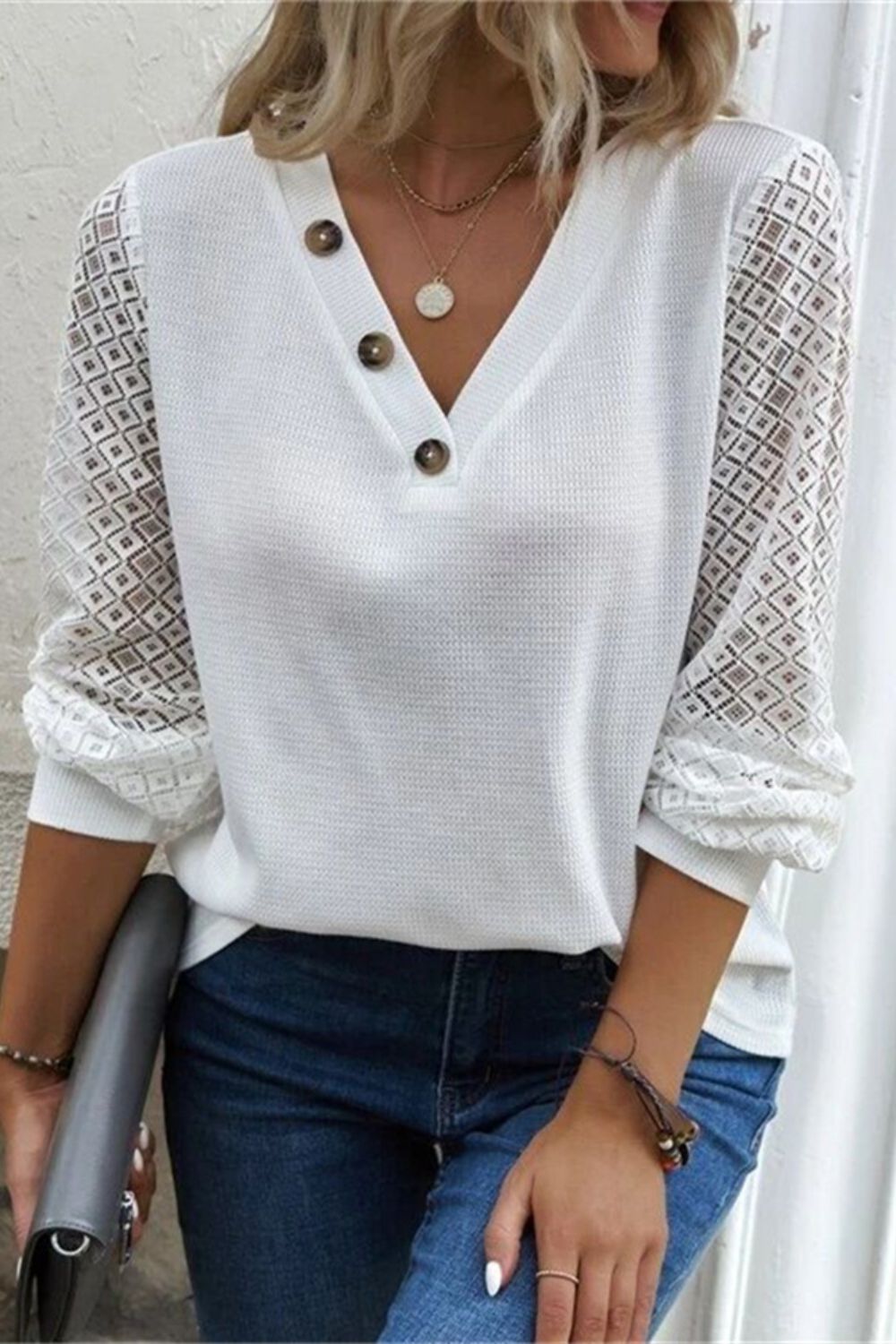 Button V-Neck Long Sleeve T-Shirt