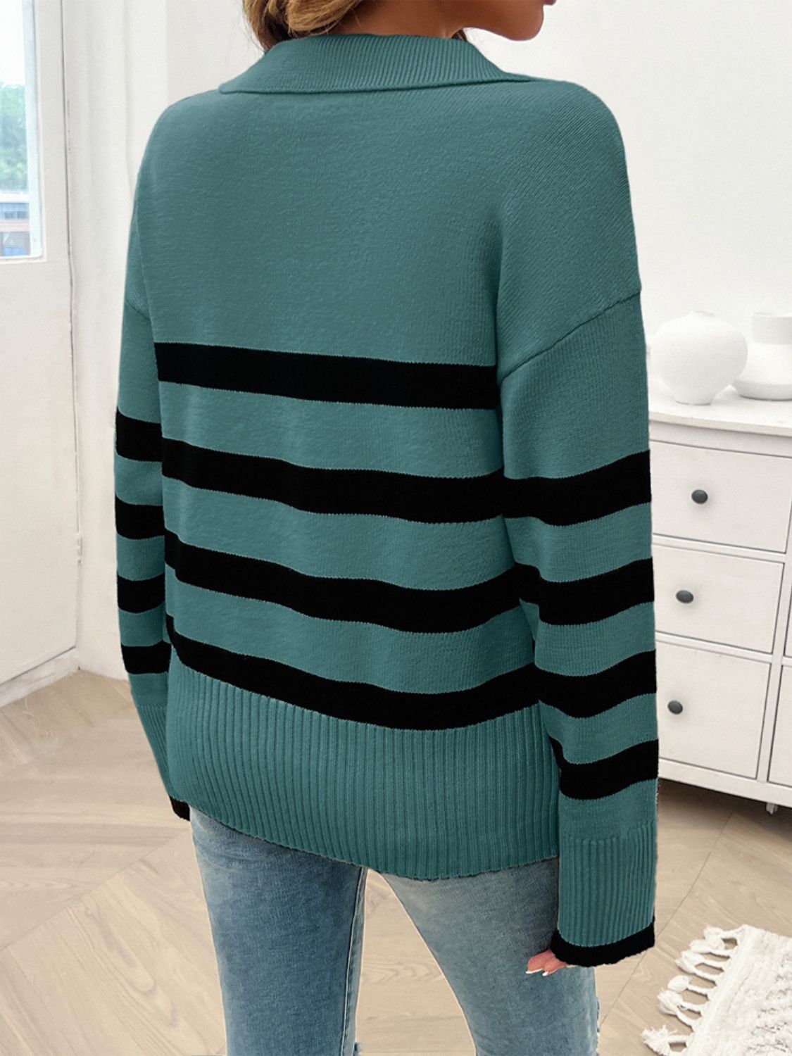 Paityn Collared Neck Long Sleeve Striped Sweater - ThingsWeUseAndLove 