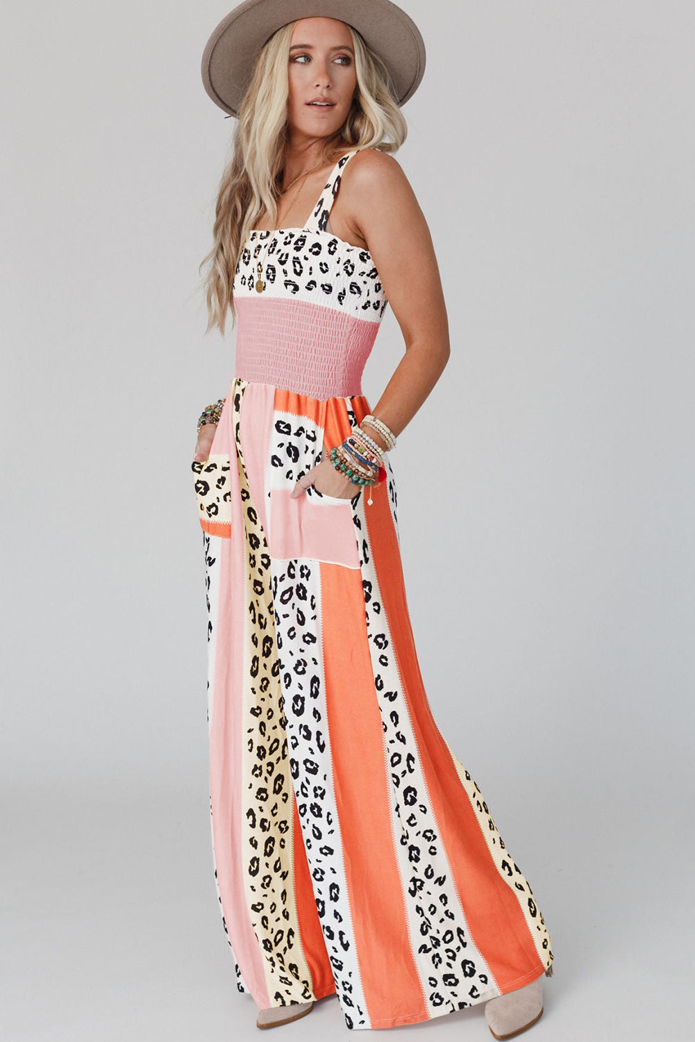 Pink Leopard Color Block Patchwork Strap Jumpsuit - ThingsWeUseAndLove 