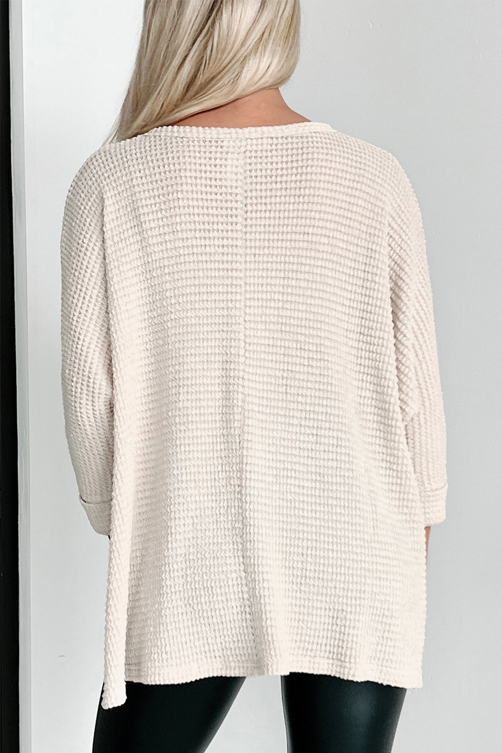 Waffle Knit Splits Batwing Sleeve Oversized Top - ThingsWeUseAndLove 