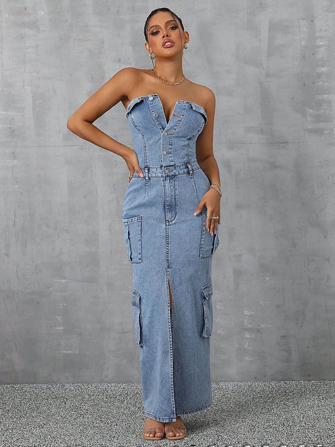 Half Button Denim Dress