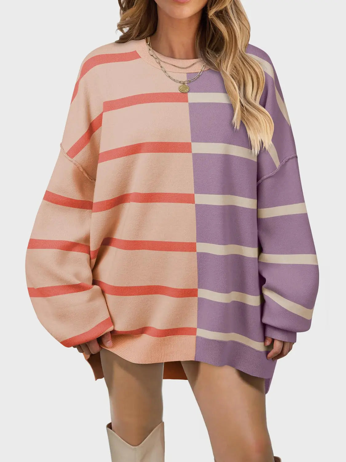 Long Sleeve Striped Round Neck Sweater - ThingsWeUseAndLove 