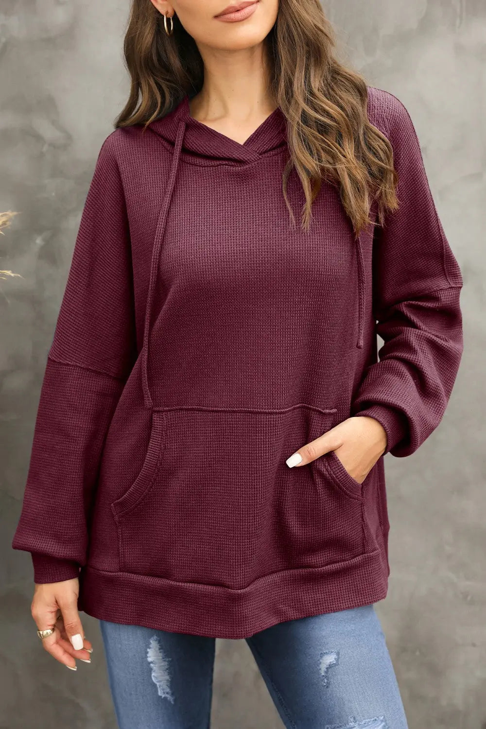 Isabella Waffle-Knit Long Sleeve Hoodie - ThingsWeUseAndLove Burgundy-XL