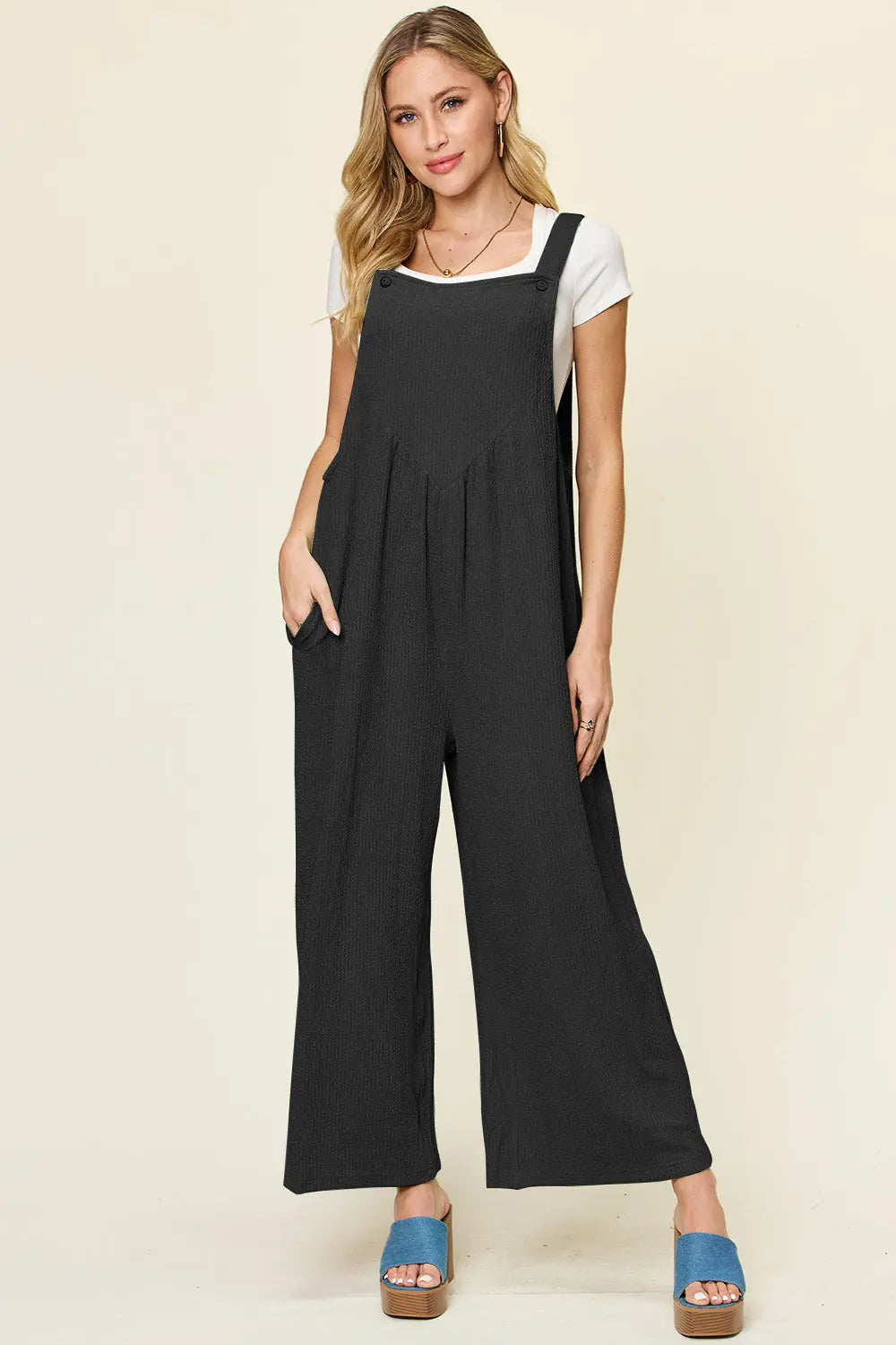 Size Inclusive Texture Sleeveless Wide Leg Overall - ThingsWeUseAndLove Black-3XL