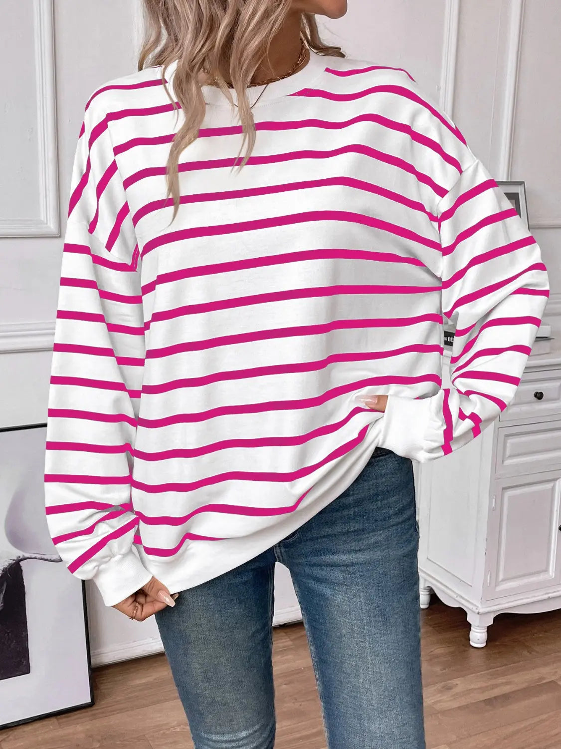 Leslie Striped Round Neck Long Sleeve Sweatshirt - ThingsWeUseAndLove 