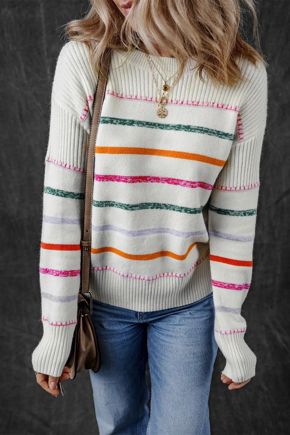 Sadie Striped Round Neck Dropped Shoulder Sweater - ThingsWeUseAndLove White-XL