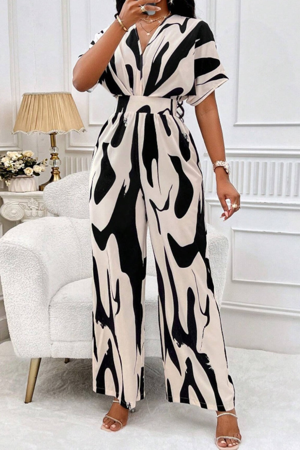 Tess Size Inclusive Printed V-Neck Short Sleeve Wide Leg Jumpsuit - ThingsWeUseAndLove 