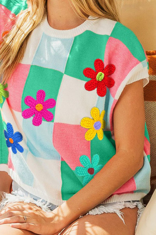 Trendy Flower Patch Knit Checkered Sweater Vest - ThingsWeUseAndLove 