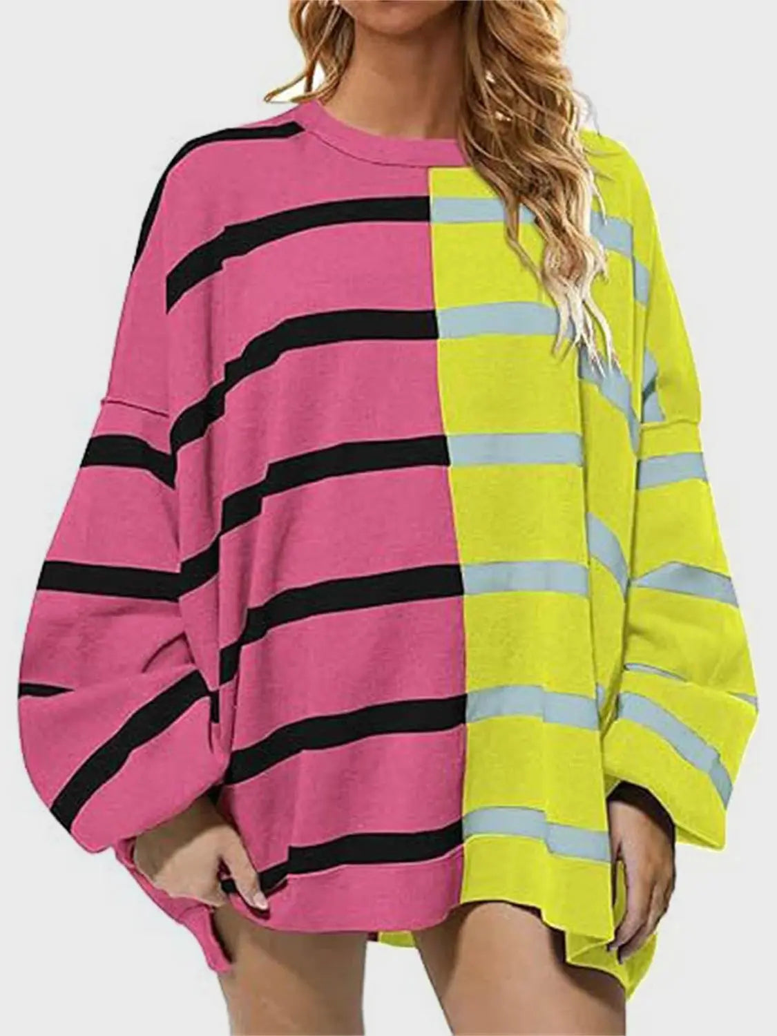 Long Sleeve Striped Round Neck Sweater - ThingsWeUseAndLove Lime-2XL