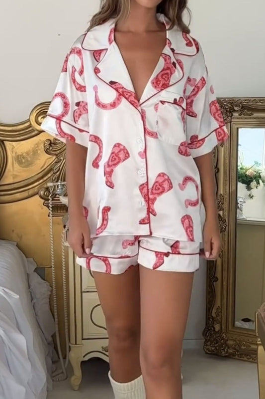 Printed Button Up Top and Shorts Lounge Set - ThingsWeUseAndLove White-XL