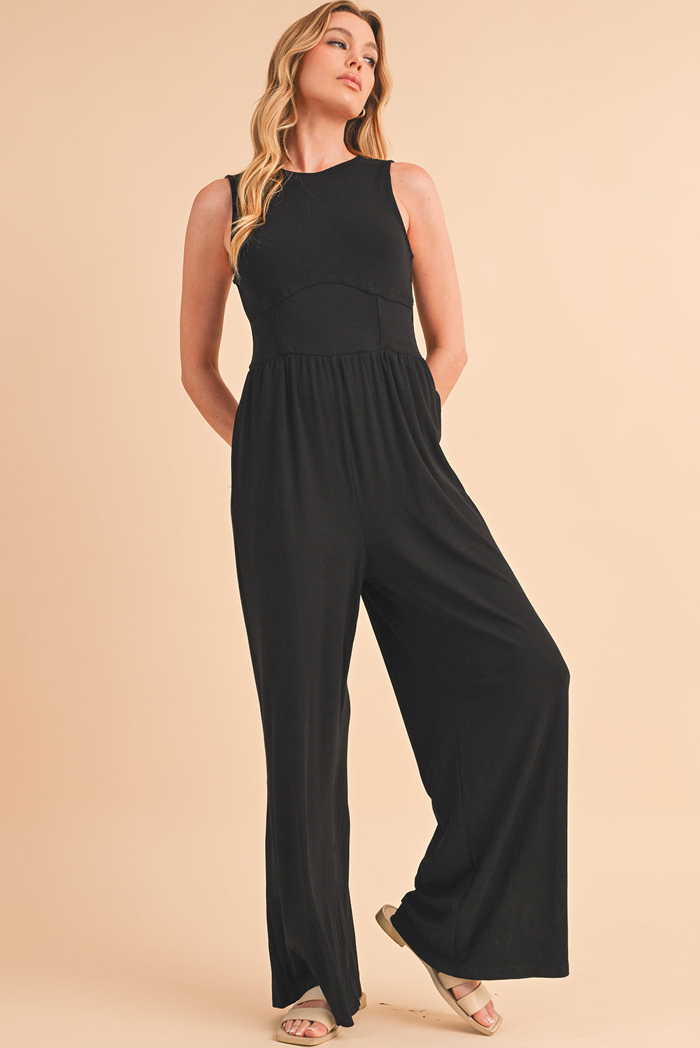 Blackish Green Sleeveless High Waist Wide Leg Jumpsuit - ThingsWeUseAndLove 