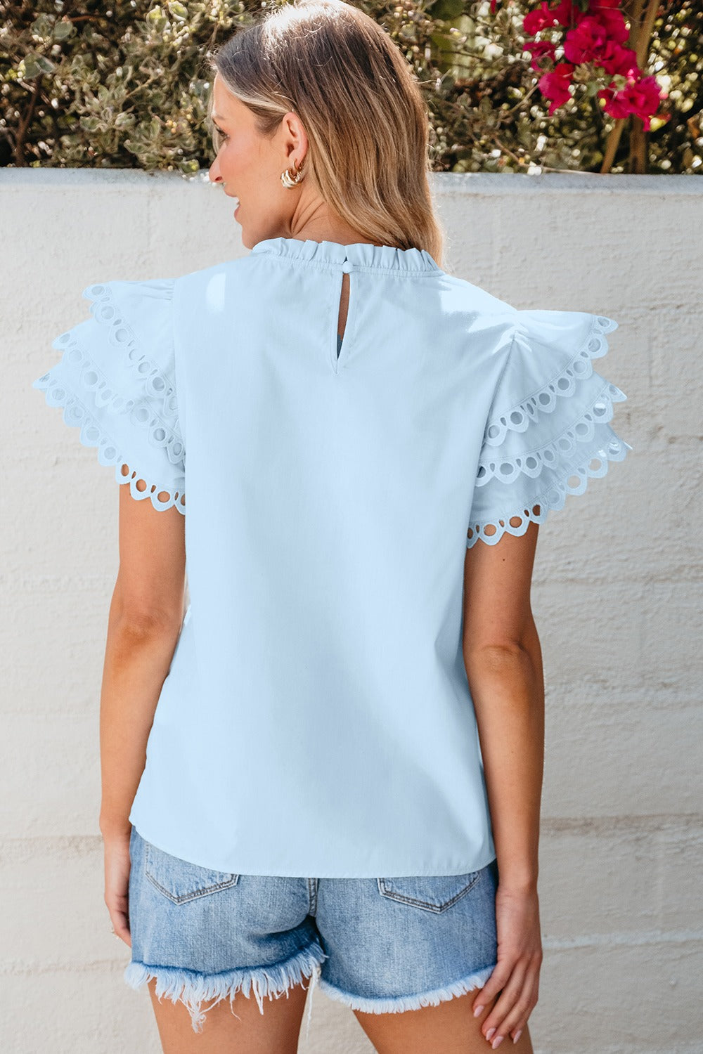 Ruffled Eyelet Round Neck Cap Sleeve Blouse - ThingsWeUseAndLove 