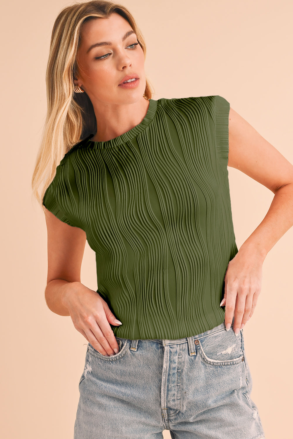 Wavy Textured Cap Sleeve Top - ThingsWeUseAndLove 