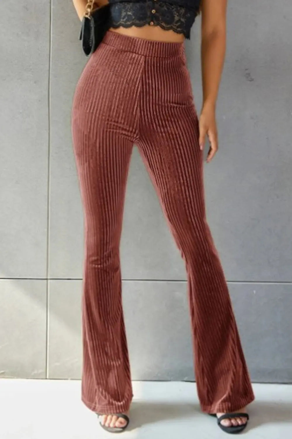 Poppy Ribbed High Waist Flare Pants - ThingsWeUseAndLove 