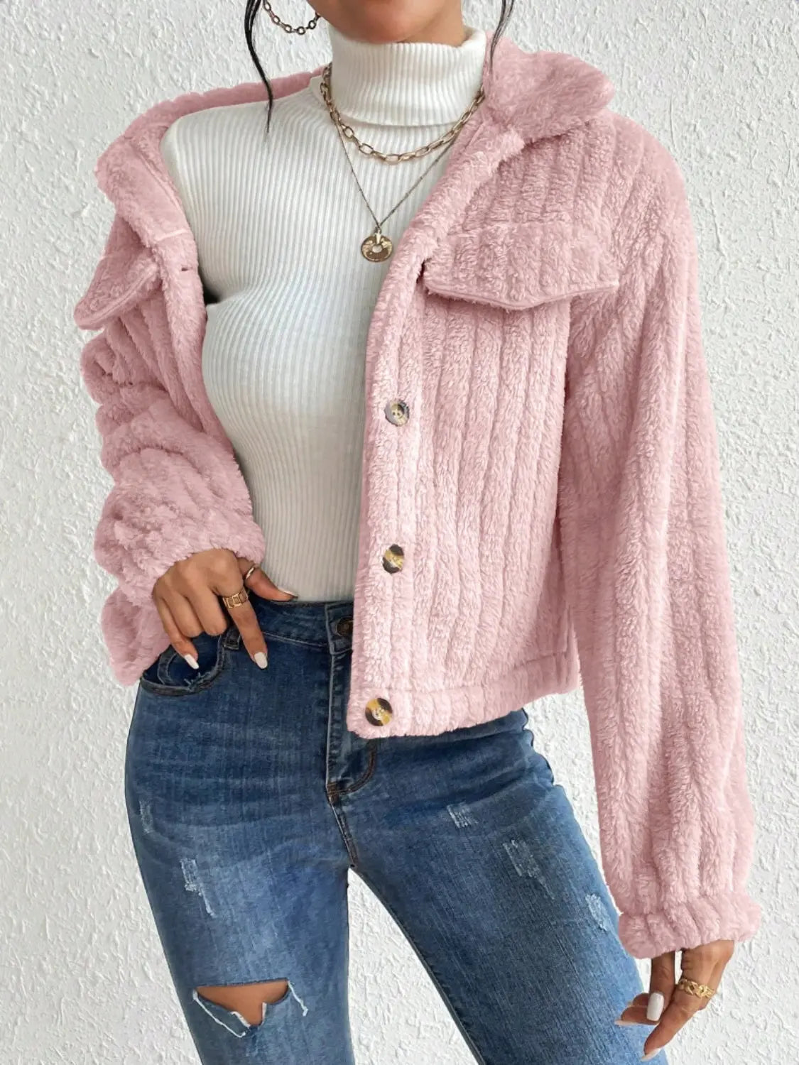 Lippy Fuzzy Button Up Collared Neck Jacket - ThingsWeUseAndLove 