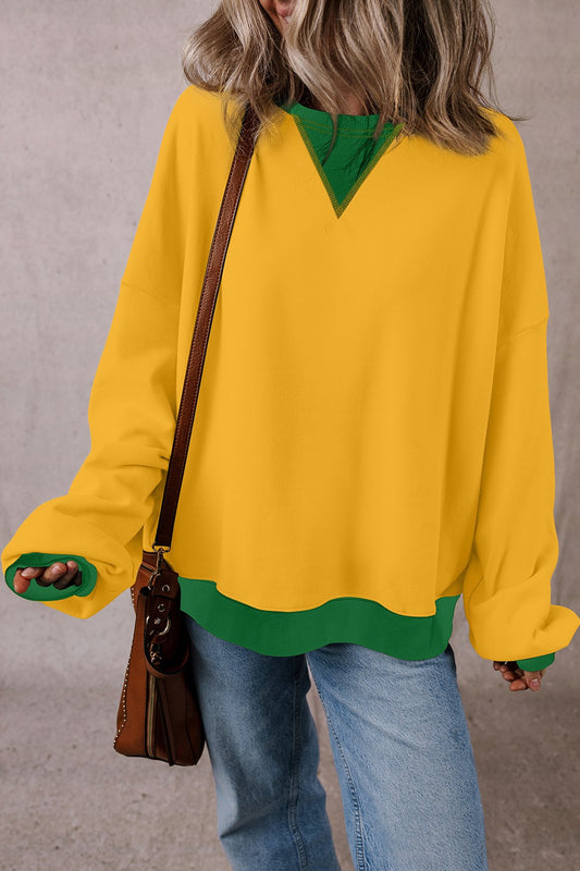 Alena Contrast Round Neck Long Sleeve Sweatshirt - ThingsWeUseAndLove Yellow-XL