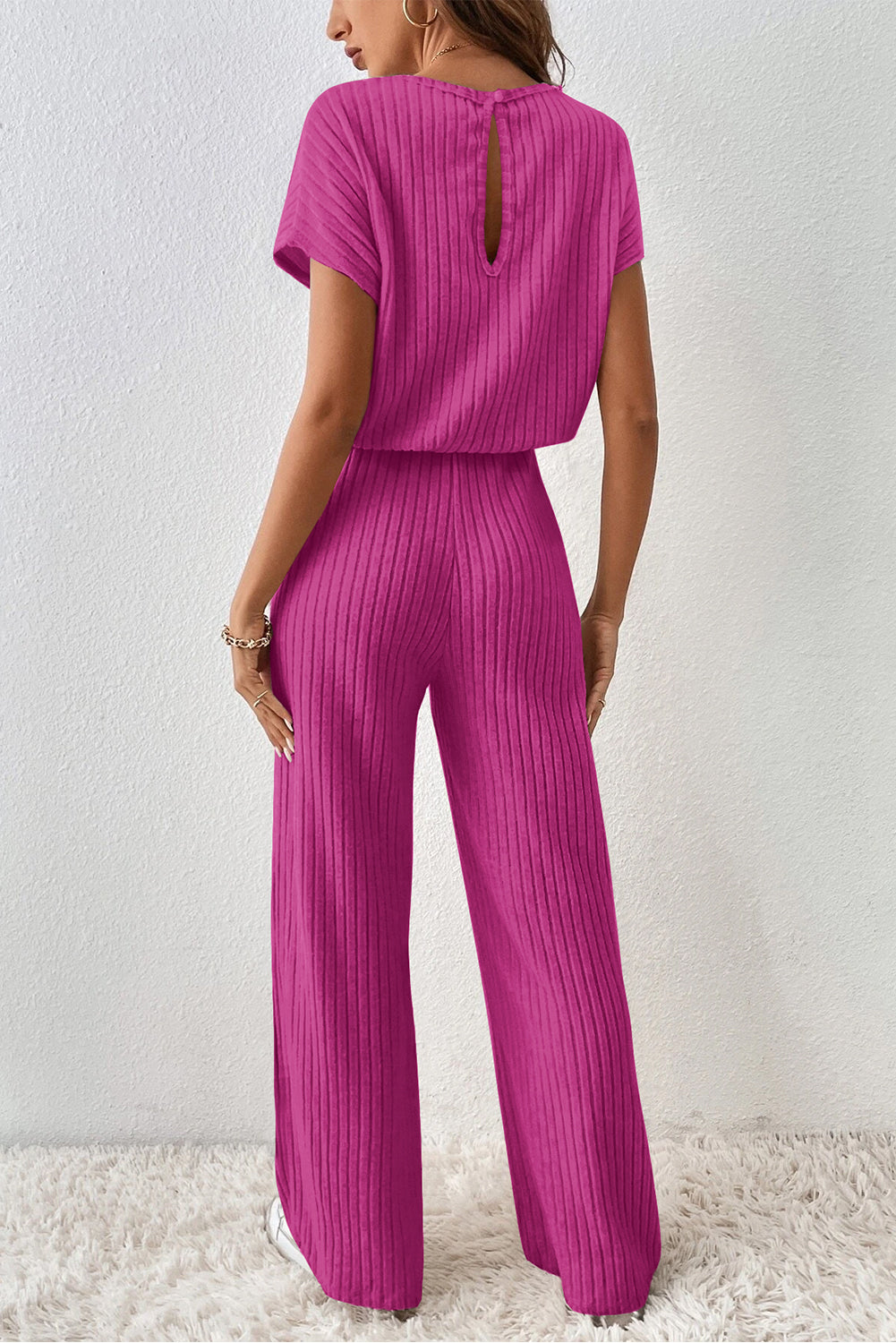 Black Solid Color Ribbed Short Sleeve Wide Leg Jumpsuit - ThingsWeUseAndLove 