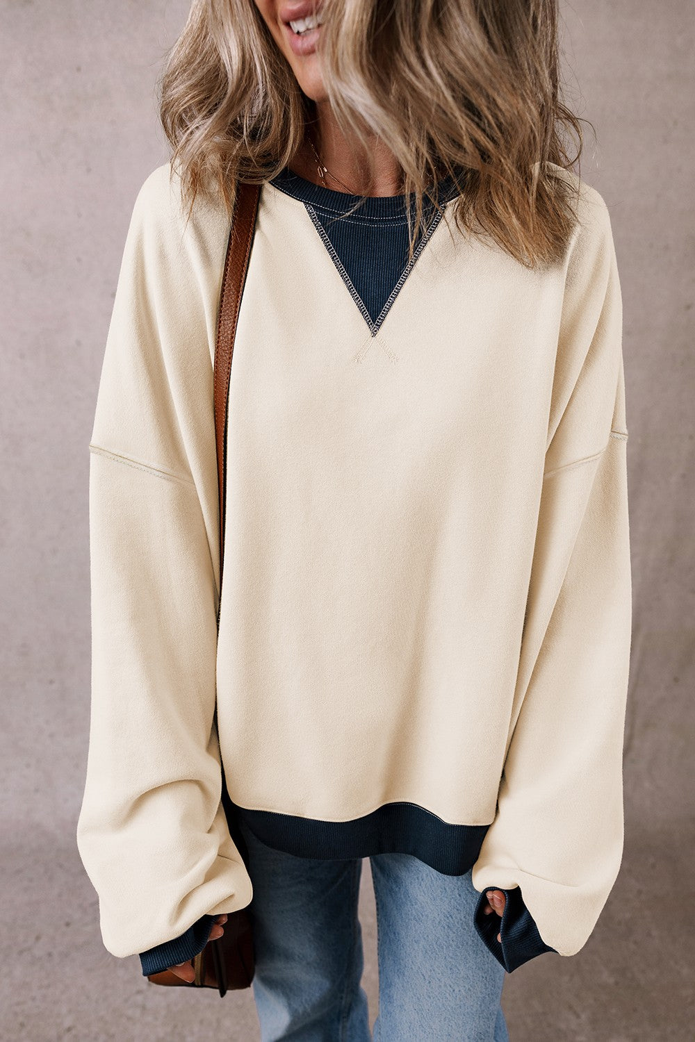 Alena Contrast Round Neck Long Sleeve Sweatshirt - ThingsWeUseAndLove Ivory-XL