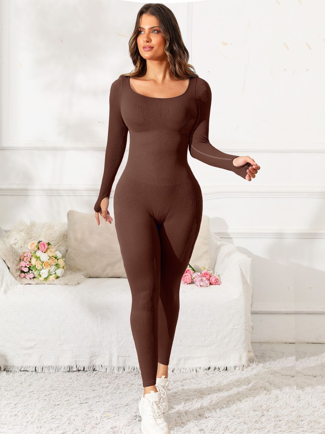 Fit & Fab Scoop Neck Long Sleeve Active Jumpsuit - ThingsWeUseAndLove 