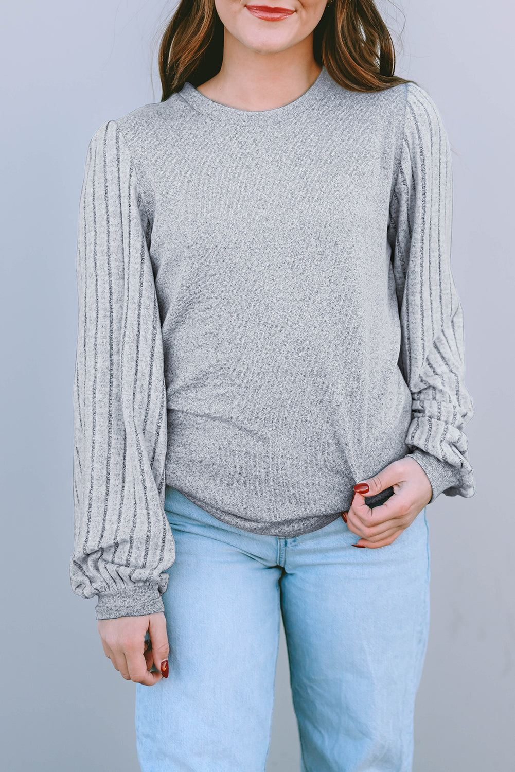 Gray Solid Color Contrast Ribbed Bishop Sleeve Top - ThingsWeUseAndLove 