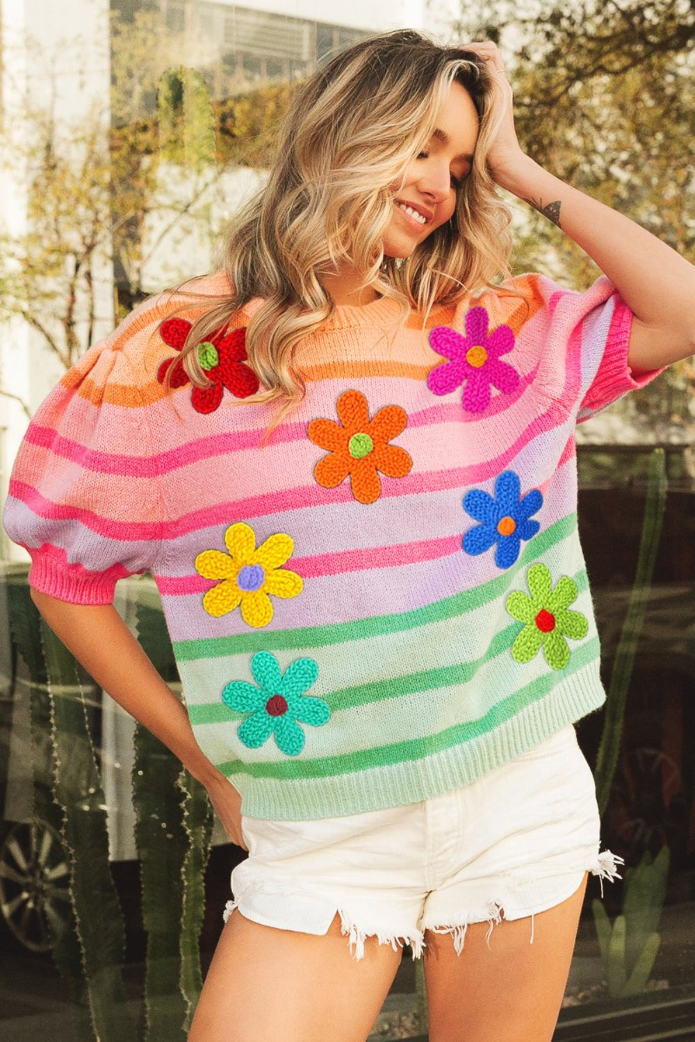 Rainbow & Flowers Puff Sleeve Striped Sweater - ThingsWeUseAndLove Apricot-Multi-XL