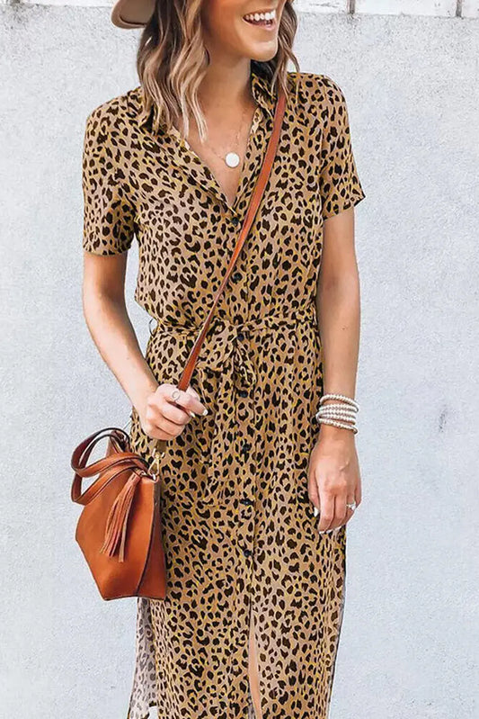 Khaki Leopard Print Waist Belted Button Up Shirt Dress - ThingsWeUseAndLove Khaki-XL