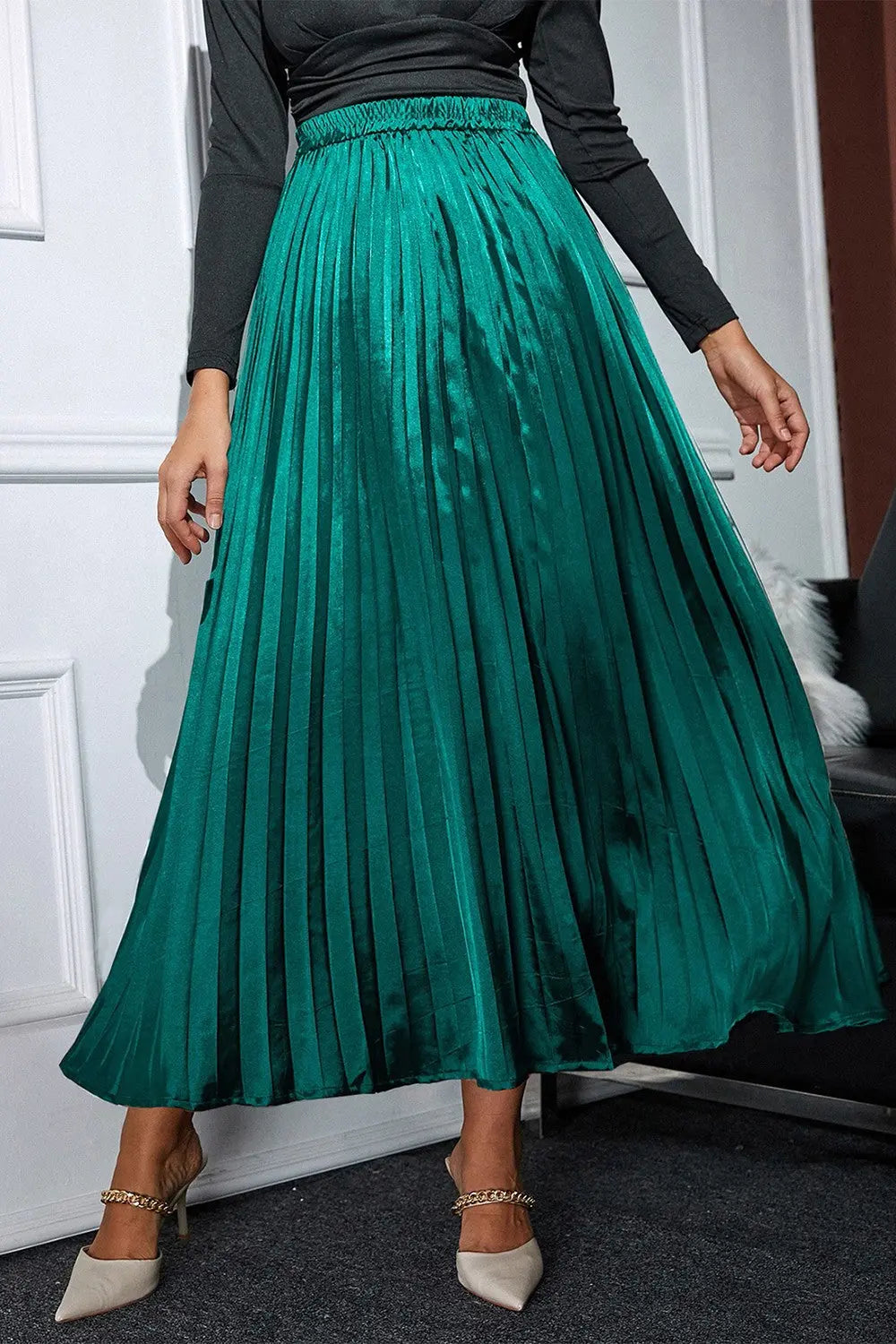 Pleated Elastic Waist Midi Skirt - ThingsWeUseAndLove Teal-XL