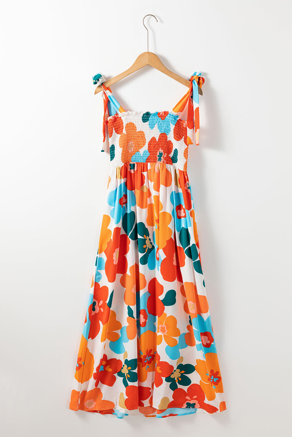 Orange 60s Floral Printed Shoulder Tie Smocked Maxi Dress - ThingsWeUseAndLove 