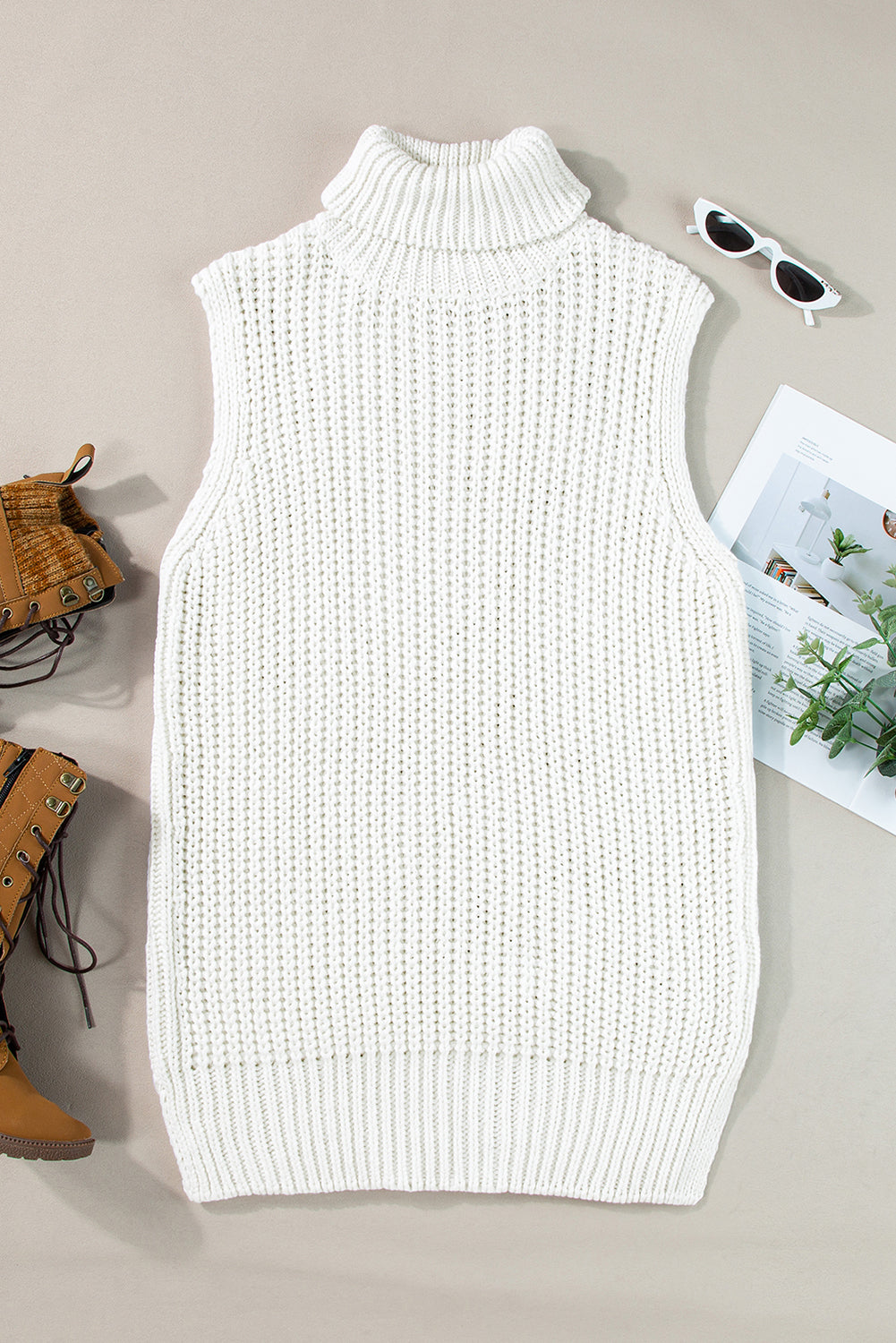 White Turtleneck Knitted Slit Hem Sweater Vest - ThingsWeUseAndLove 