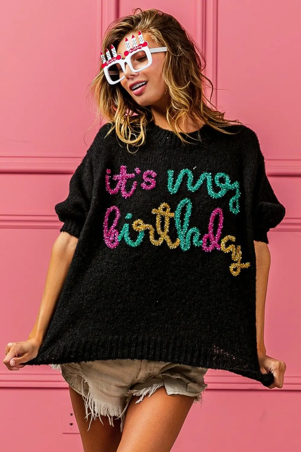 Metallic Letter Puff Sleeve Hairy Sweater - ThingsWeUseAndLove 