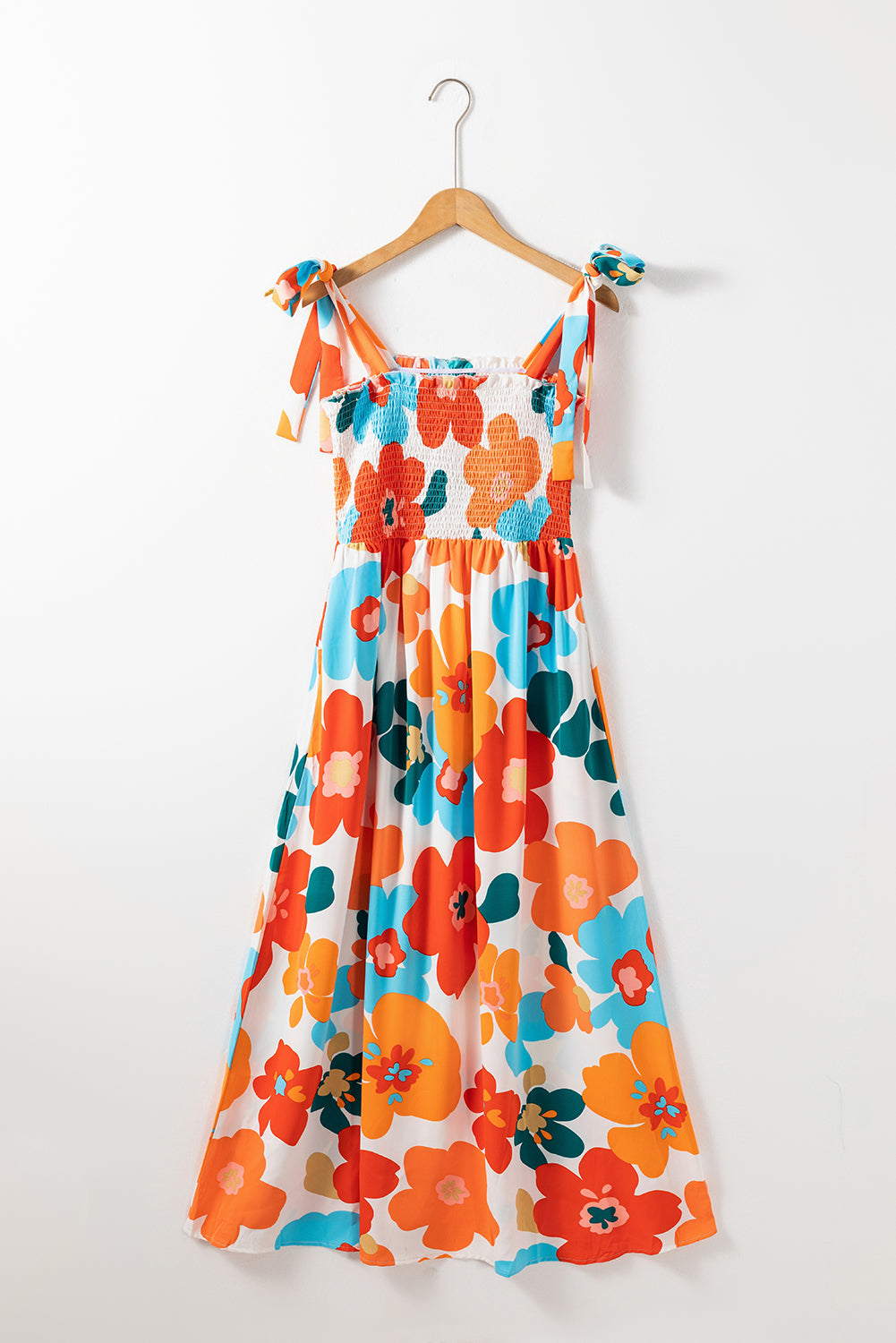 Orange 60s Floral Printed Shoulder Tie Smocked Maxi Dress - ThingsWeUseAndLove 